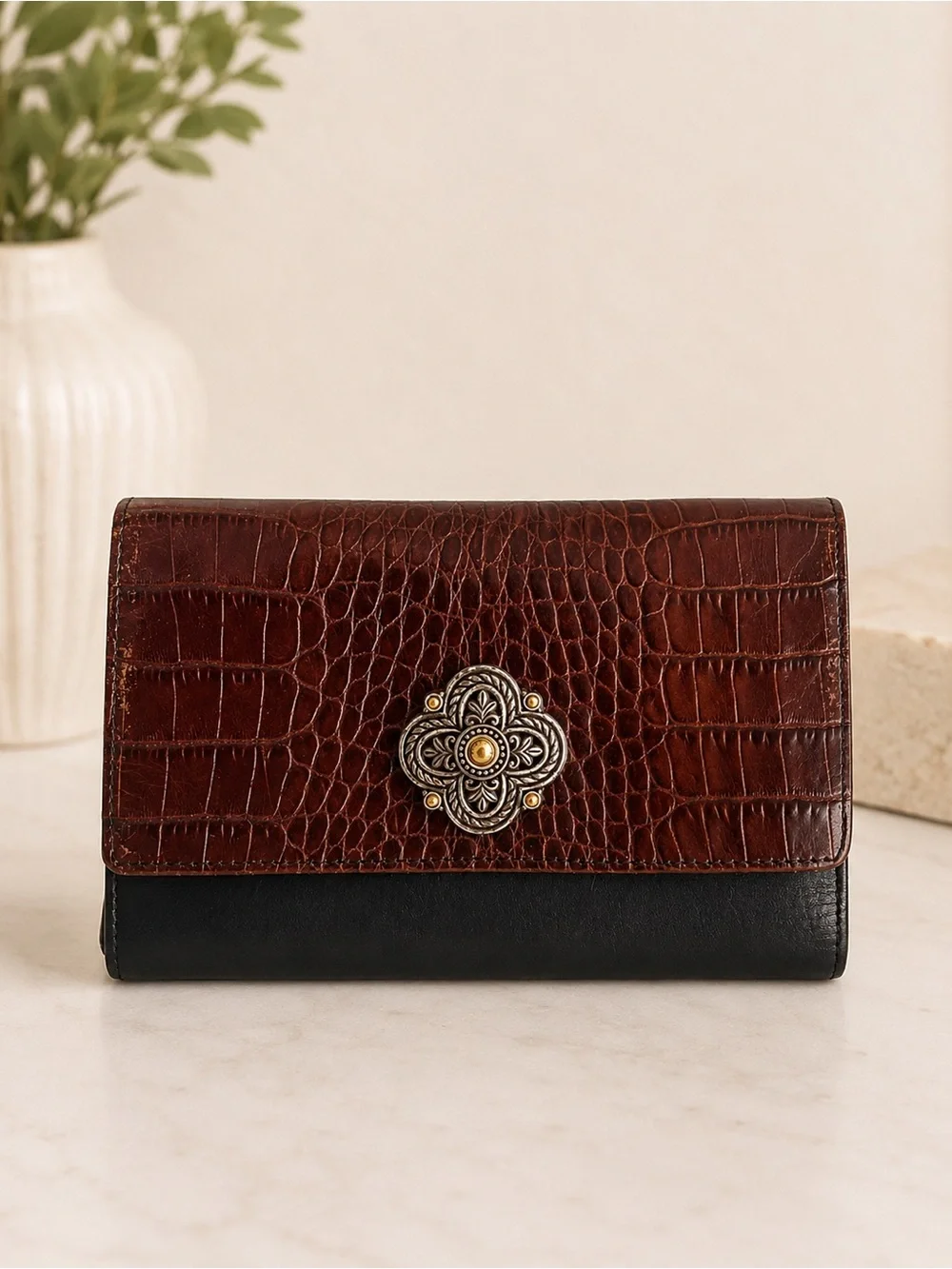 Brighton Brown Croc Embossed Black Leather Organizer Wallet Clutch